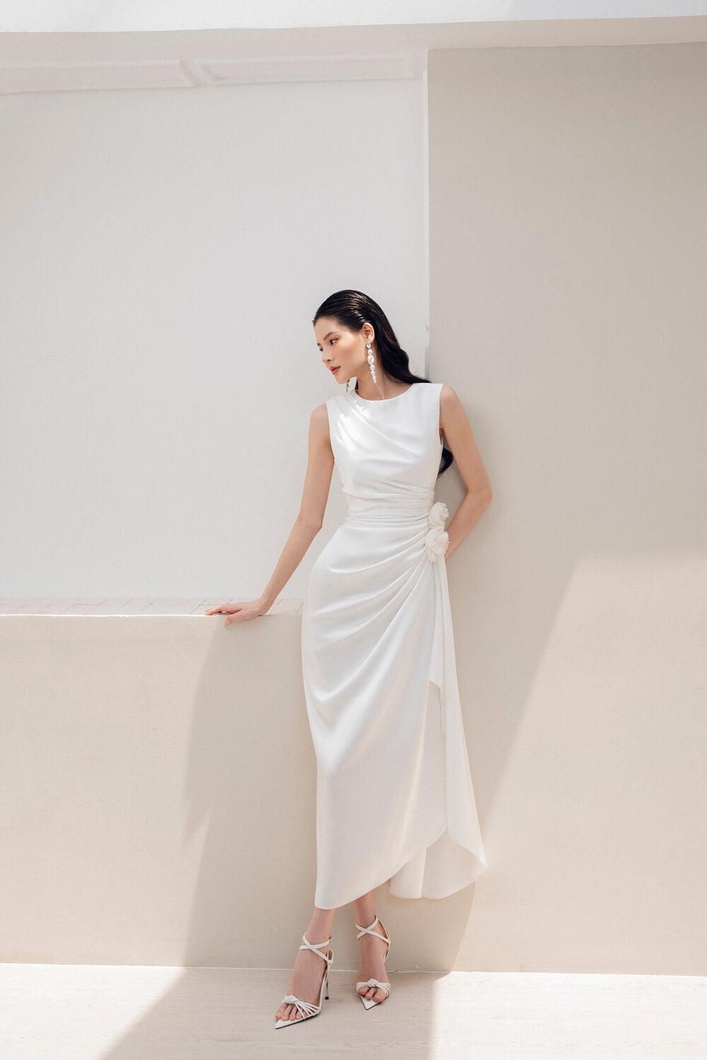 Kaytlyn Gathered Sleeveless Silk Satin Midi Dress MEAN BLVD