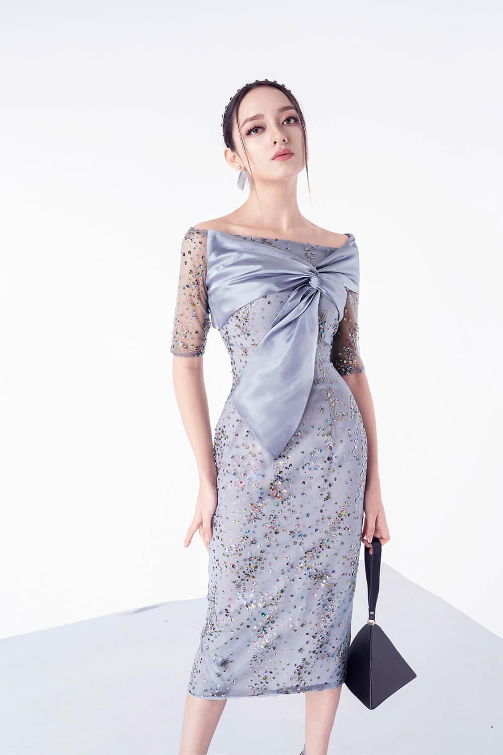 knee length dresses for ladies Happy Clothing Leslie Fit and Flare Crossover Mesh Taffeta Midi Dress main image 1