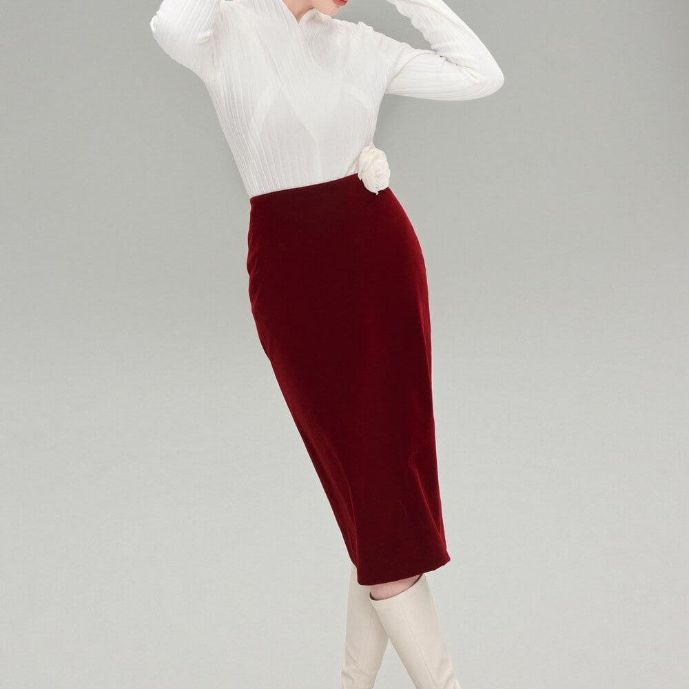 Lilah Pencil Plain Velvet Midi Skirt MEAN BLVD