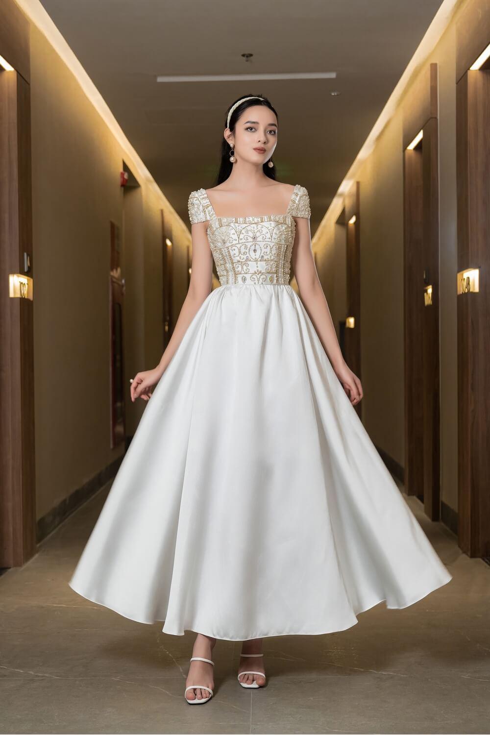 fit and flare square neck dress Crystal Floral Fit and Flare Gown with Square Neckline Lotus Threads Bridal