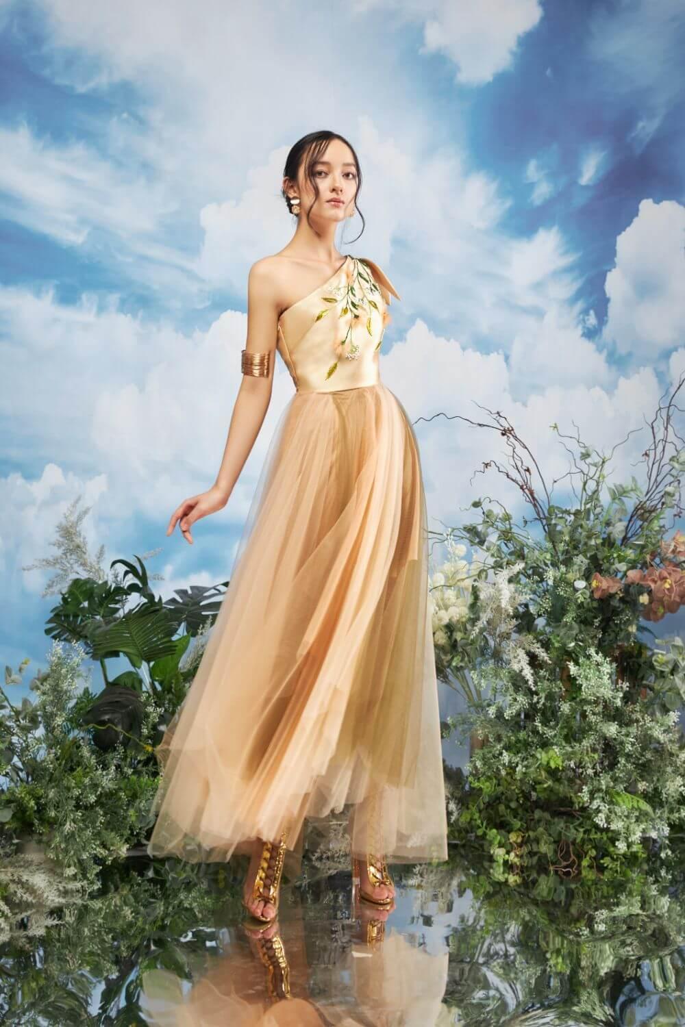open lace back dress Shona Joy - La Lune Gathered One Shoulder Maxi Dress - Gold
