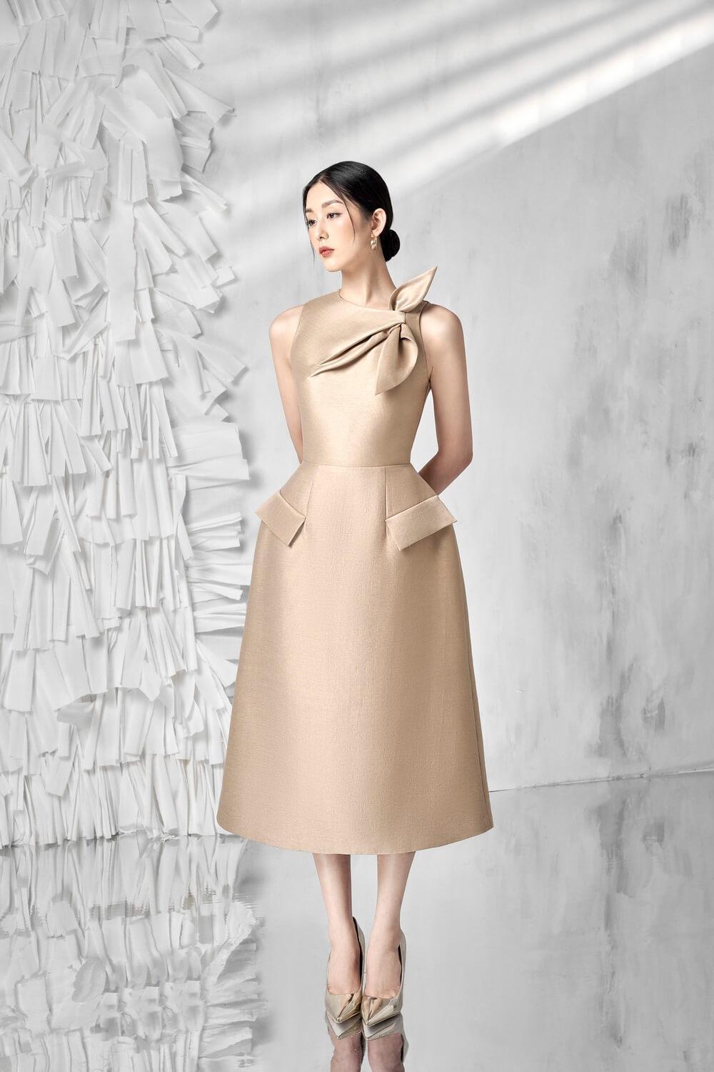 linda midi dress Women's Linda A-line Sleeveless Glossy Taffeta Midi Dress S/M/L Gold