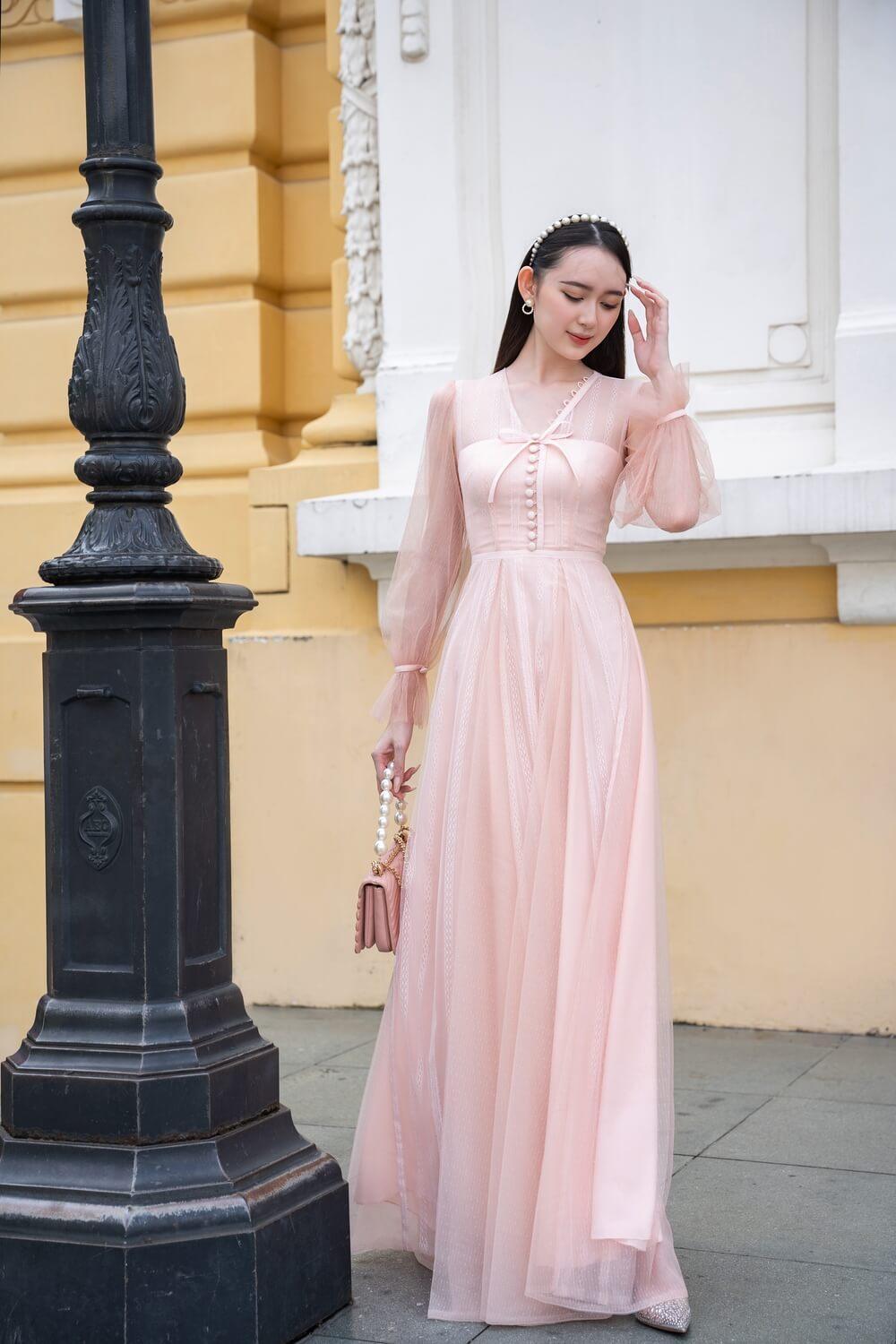 Women's Lorence Gathered Poet Sleeved Mesh Sheer Maxi Dress XS/S/M/L/XL Blush Pink/Light Orange MEAN BLVD