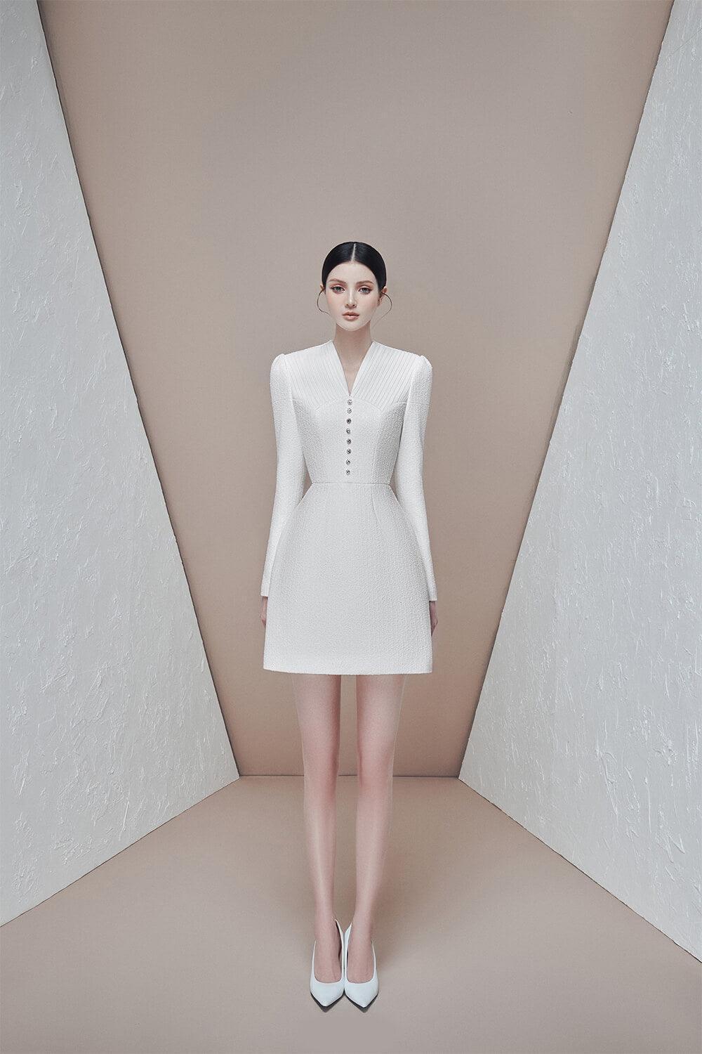 Lorette A-line Long Sleeved Tweed Mini Dress XS / White