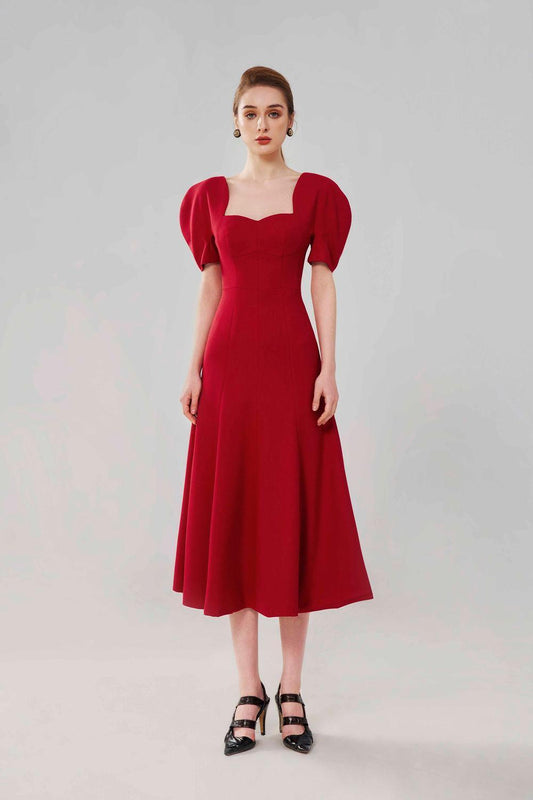 Lucinda A-line Puffy Sleeved Wool Twill Midi Dress - MEAN BLVD