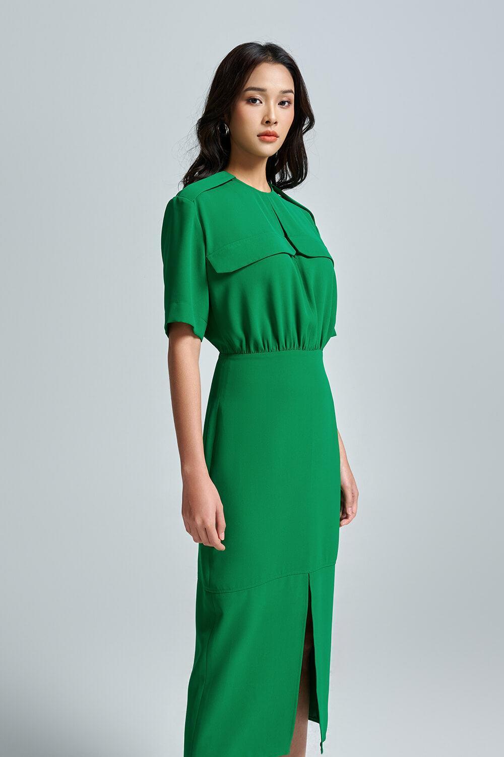 Lucinda Sheath Short Sleeved Crepe Midi Dress | MEAN BLVD