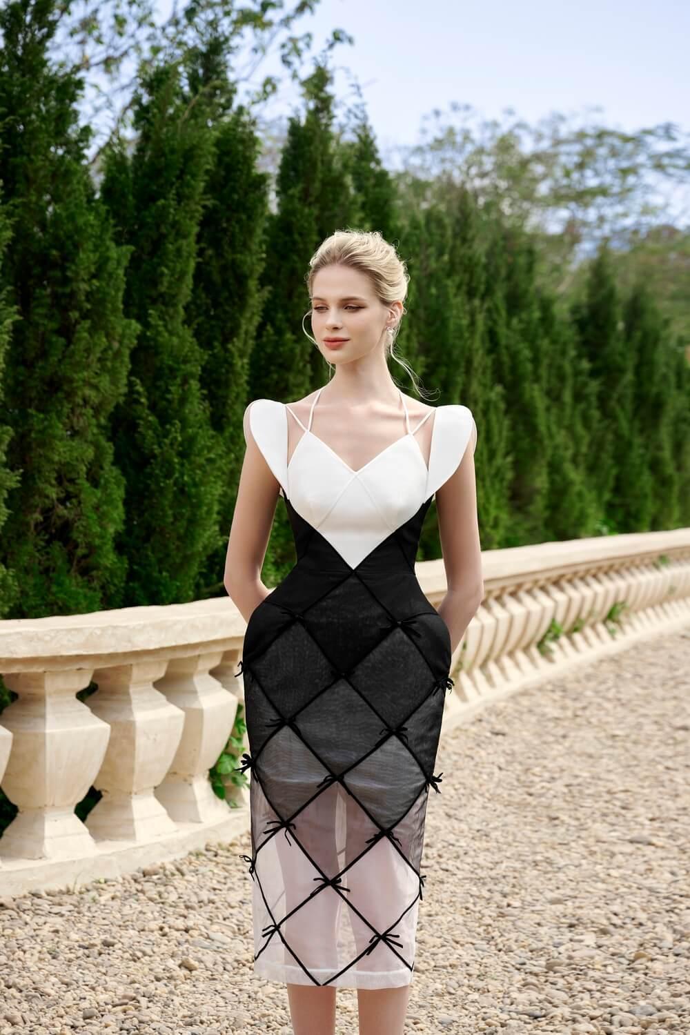 Women's Lumia Pencil Open Shoulder Organza Midi Dress S/M/L Black and White Mean Blvd M / Black and White