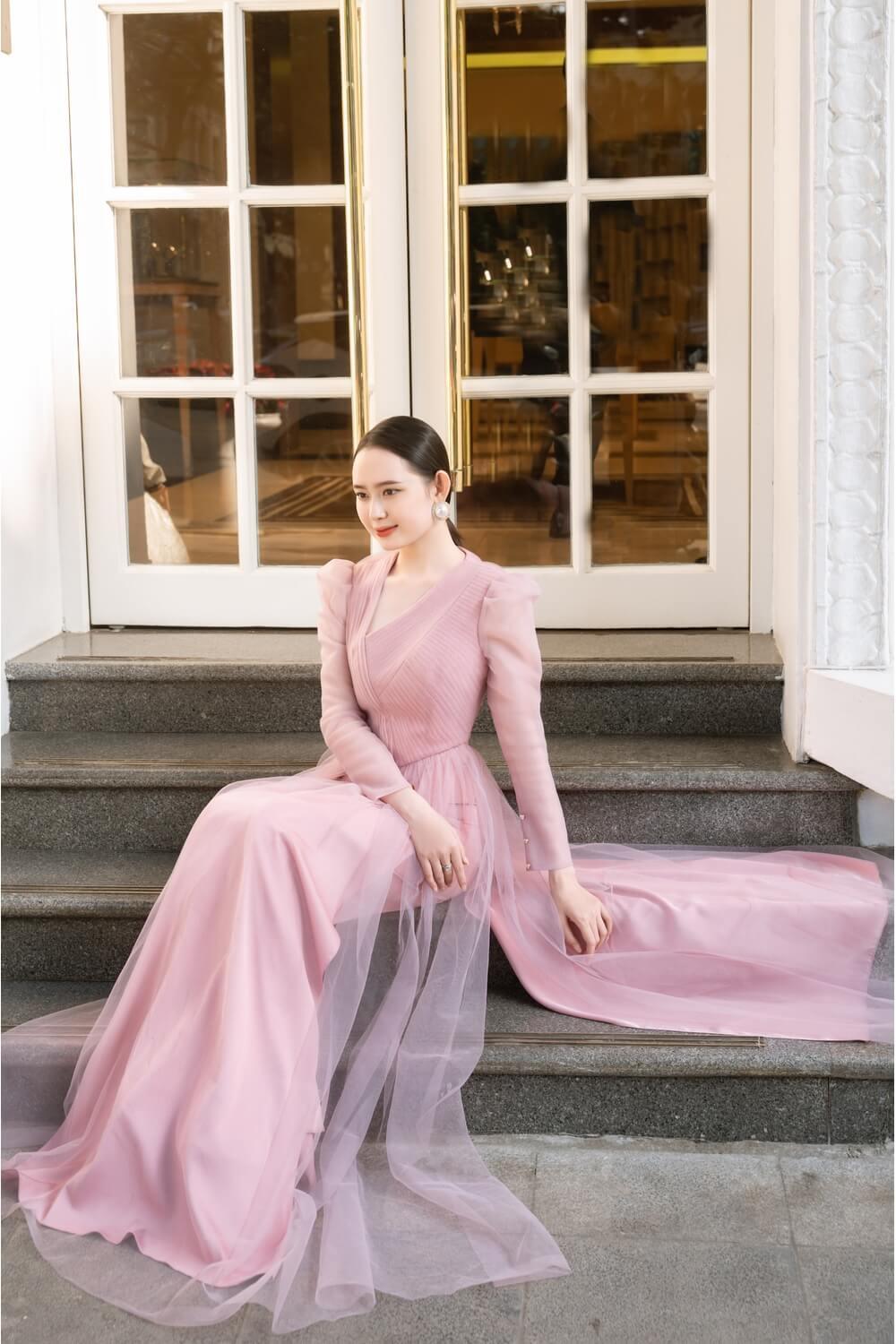 Maeve Fitted Flower Applique Mesh Sheer Long Length Ao Dai MEAN BLVD