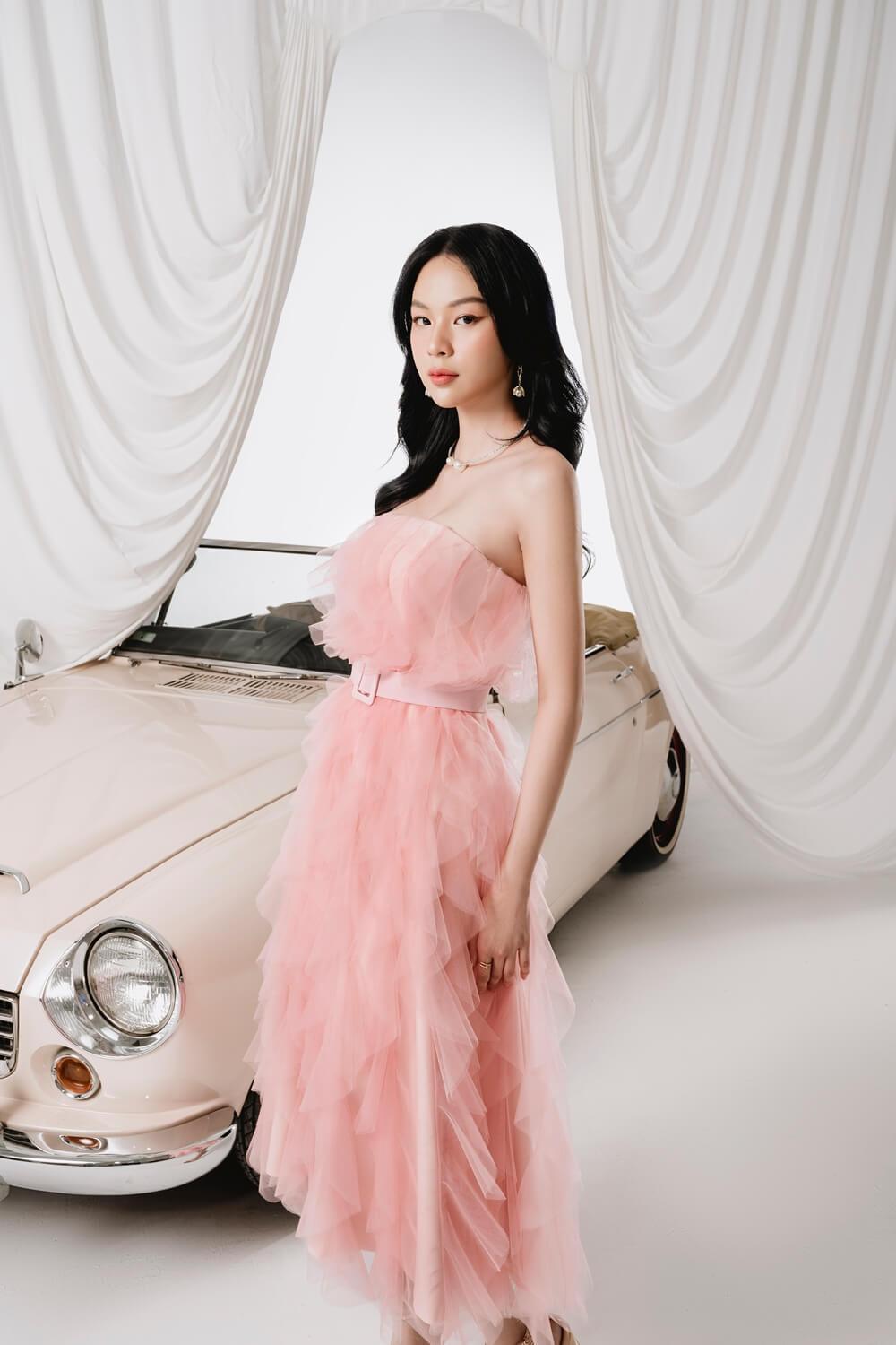 Marie Strapless Ruffled Mesh Midi Dress MEAN BLVD