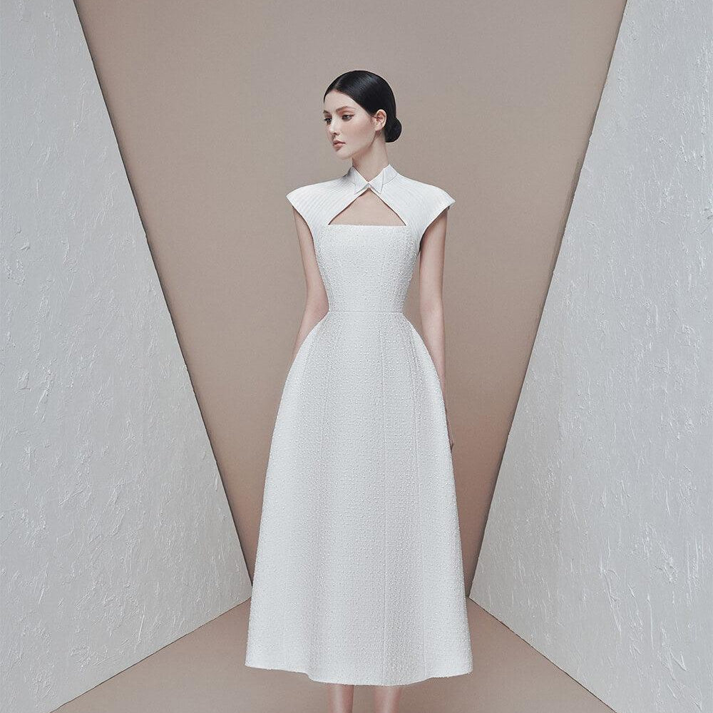 Marquesa A-line Short Sleeved Tweed Midi Dress MEAN BLVD