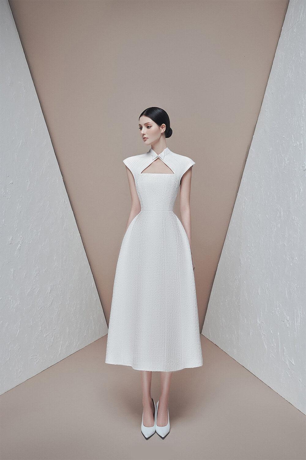 Marquesa A-line Short Sleeved Tweed Midi Dress MEAN BLVD