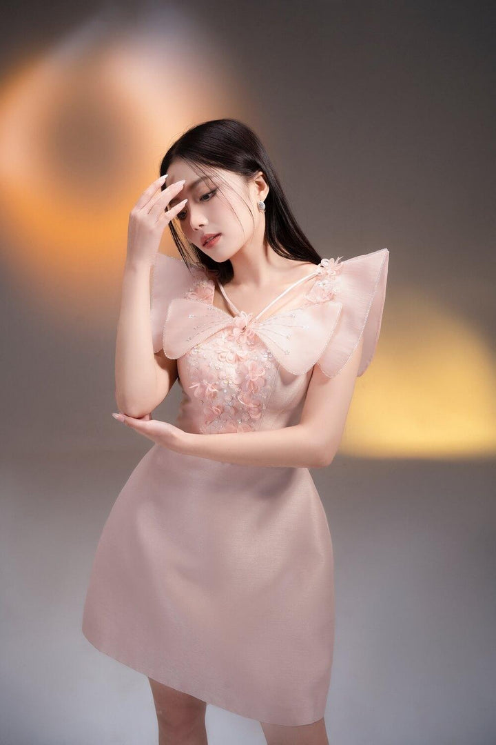 Martha Pink A-line V-Neck Taffeta Mini Dress MEAN BLVD
