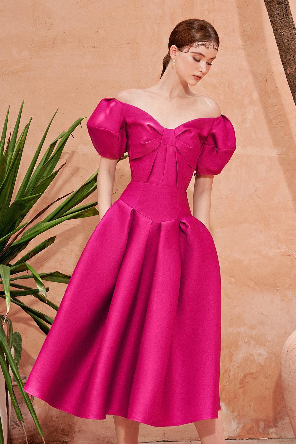 Women's Meghan Fit and Flare Off-Shoulder Taffeta Midi Dress S/M/L Pink MEAN BLVD Customize / Pink Women's Meghan Fit and Flare Off-Shoulder Taffeta Midi Dress S/M/L Pink MEAN BLVD Customize / Pink