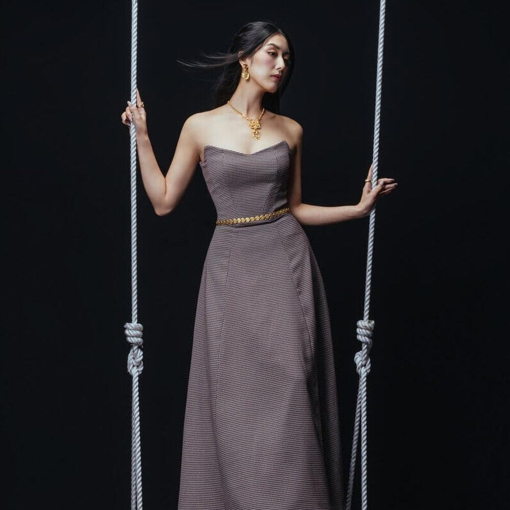 Melonia Strapless Semi-Heart Neck Tweed Maxi Dress MEAN BLVD