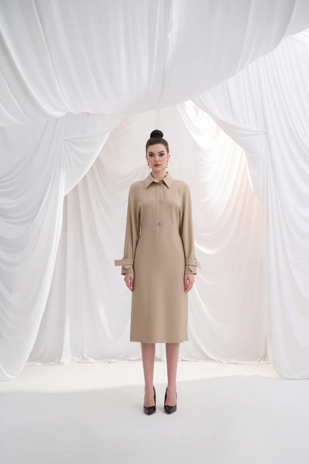 Muriel Sheath Folded Collar Wool Midi Dress MEAN BLVD