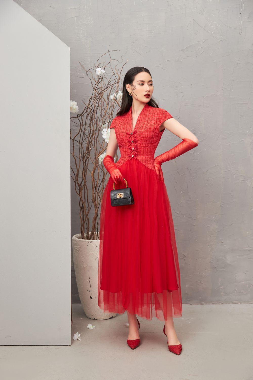 Women's Nomi Gathered V-Neck Tweed Ankle Length Dress XS/S/M/L/XL Red/Green/Purple/Beige MEAN BLVD
