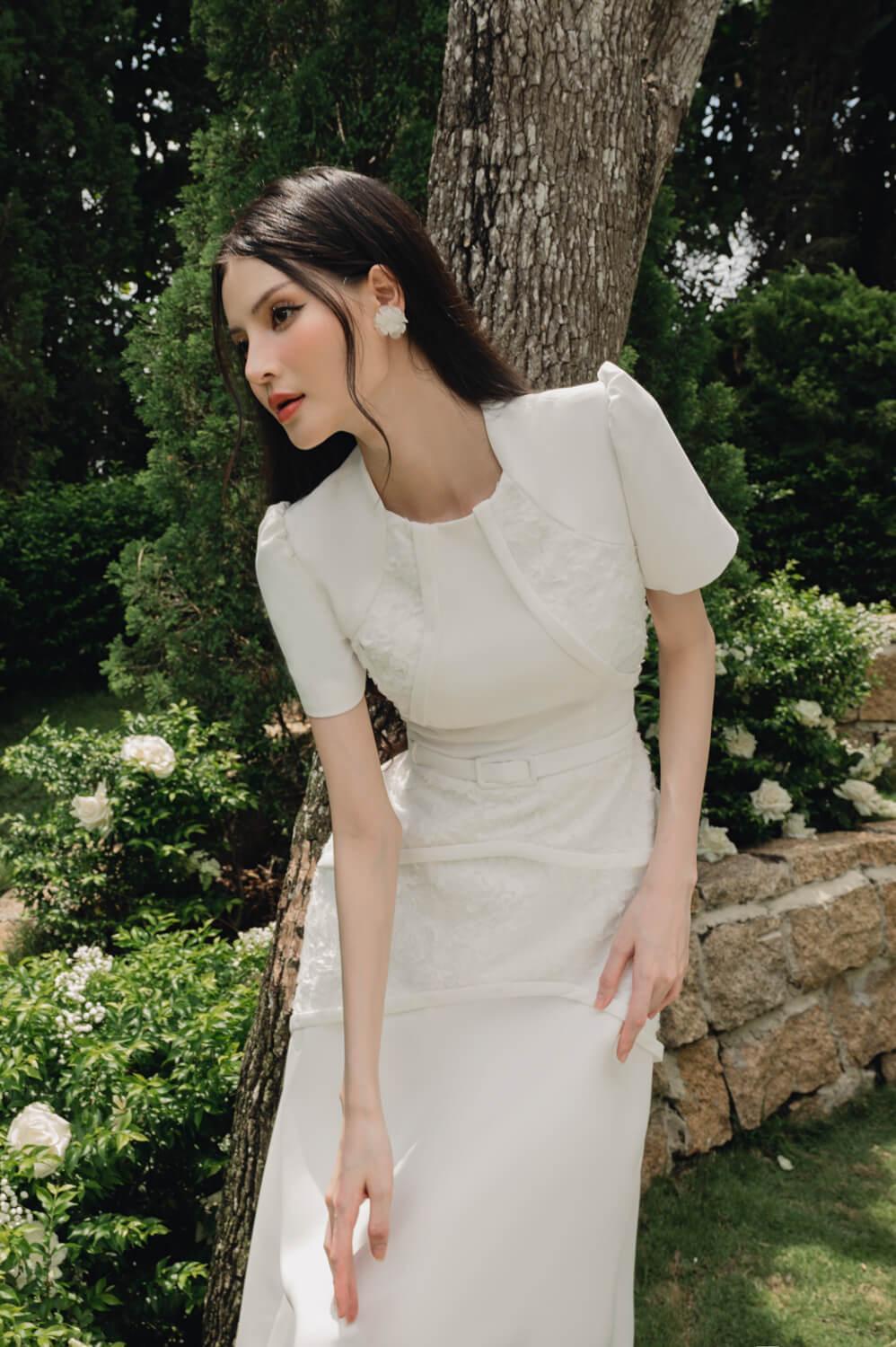 Women's Olivia A-line Short Sleeved Spandex Homespun Below The Knee Dress S/M/L White MEAN BLVD Customize / White Women's Olivia A-line Short Sleeved Spandex Homespun Below The Knee Dress S/M/L White MEAN BLVD Customize / White