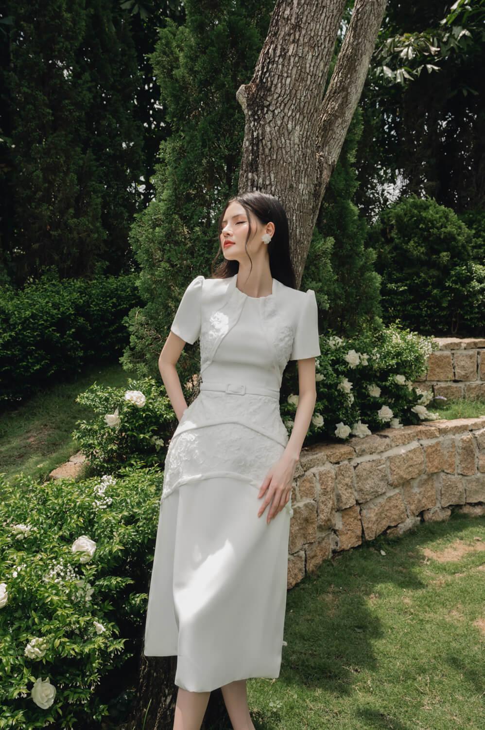 Women's Olivia A-line Short Sleeved Spandex Homespun Below The Knee Dress S/M/L White MEAN BLVD Customize / White Women's Olivia A-line Short Sleeved Spandex Homespun Below The Knee Dress S/M/L White MEAN BLVD Customize / White