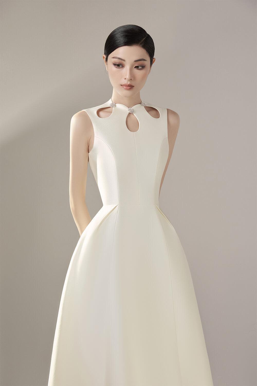 Women's Paloma A-line Sleeveless Taffeta Midi Dress XS/S/M/L White Cream/ Black MEAN BLVD