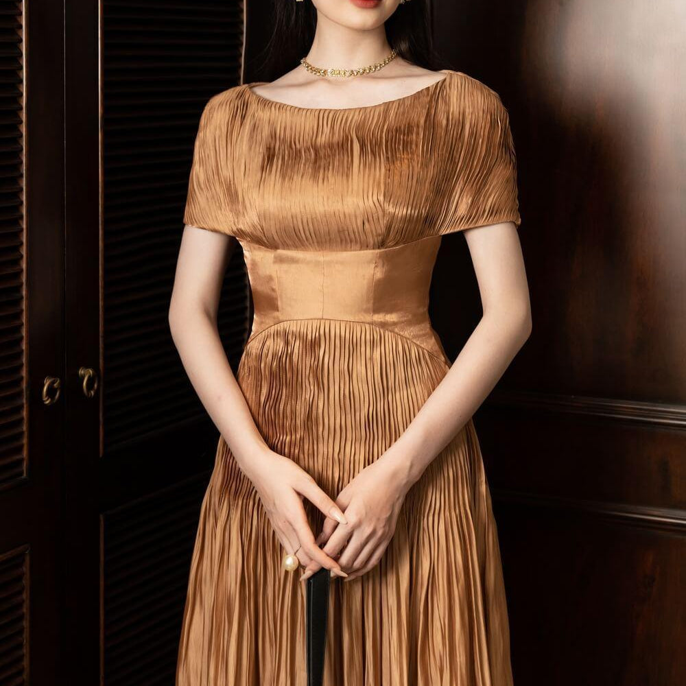 open lace back dress Women's Dusty Orange Boat Neck Sleeveless Embroidered Georgette Gathered  Maxi Dress main image 1