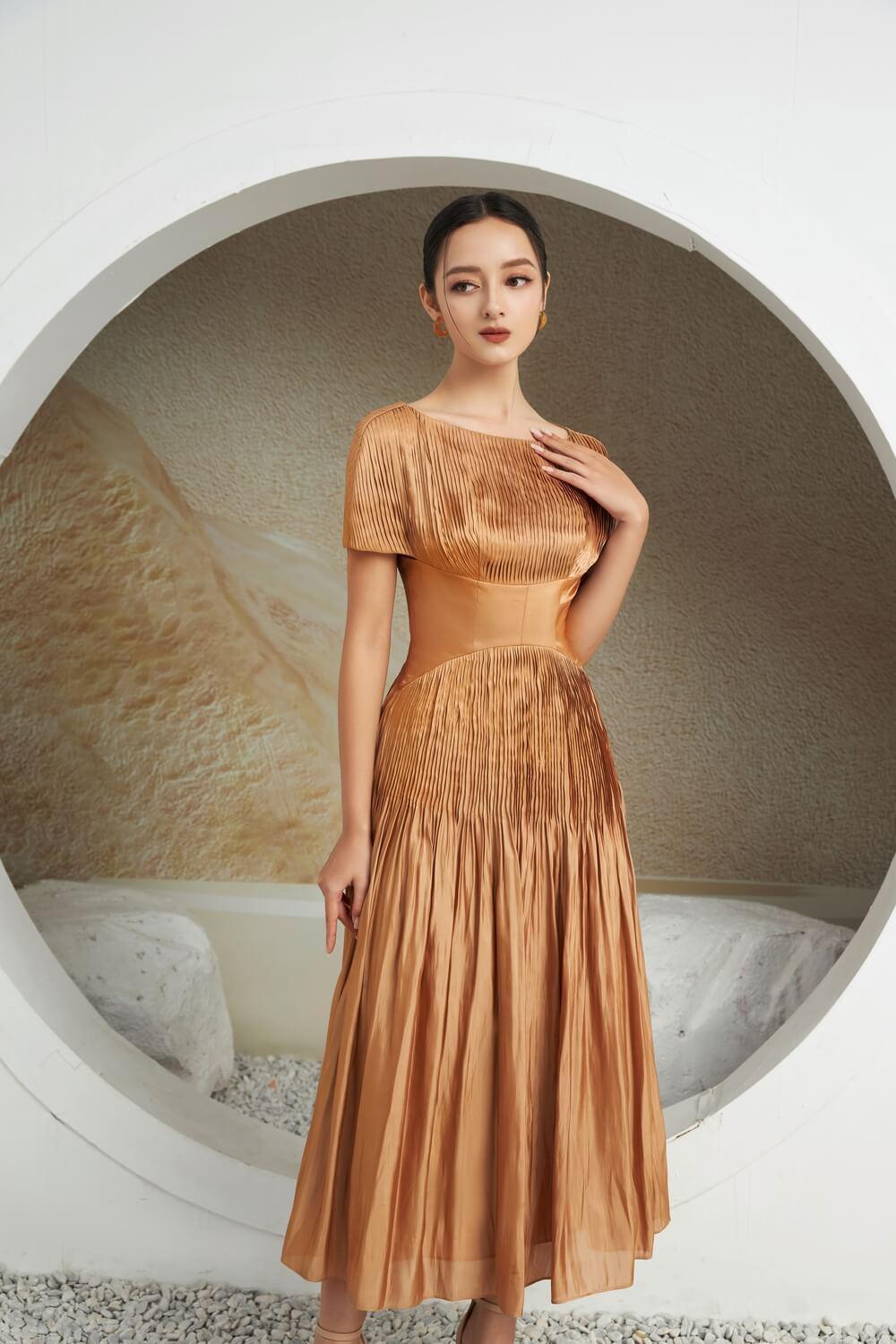 boat neck dress brown Women's Pugh Gathered Boat Neck Silk Midi Dress XS/S/M/L/XL Brown MEAN BLVD M / Brown