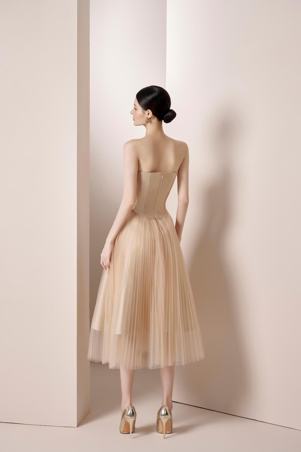 Rachel Strapless Pleated Trerena Taffeta Midi Dress MEAN BLVD