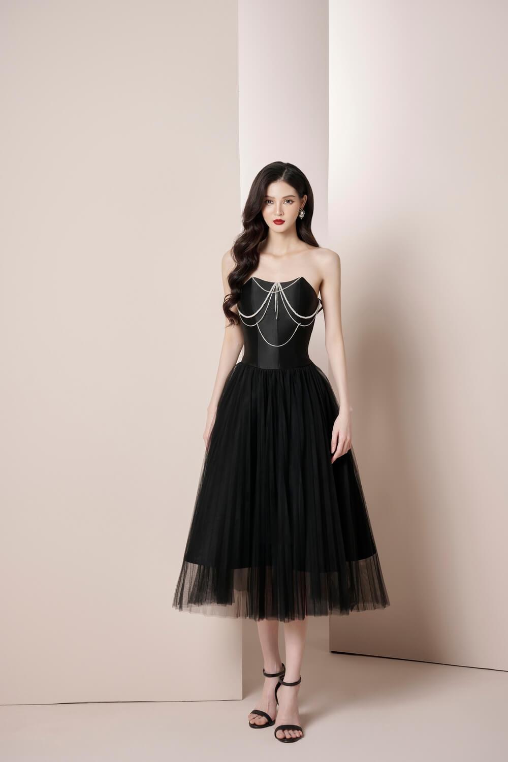 Rachel Strapless Pleated Trerena Taffeta Midi Dress MEAN BLVD
