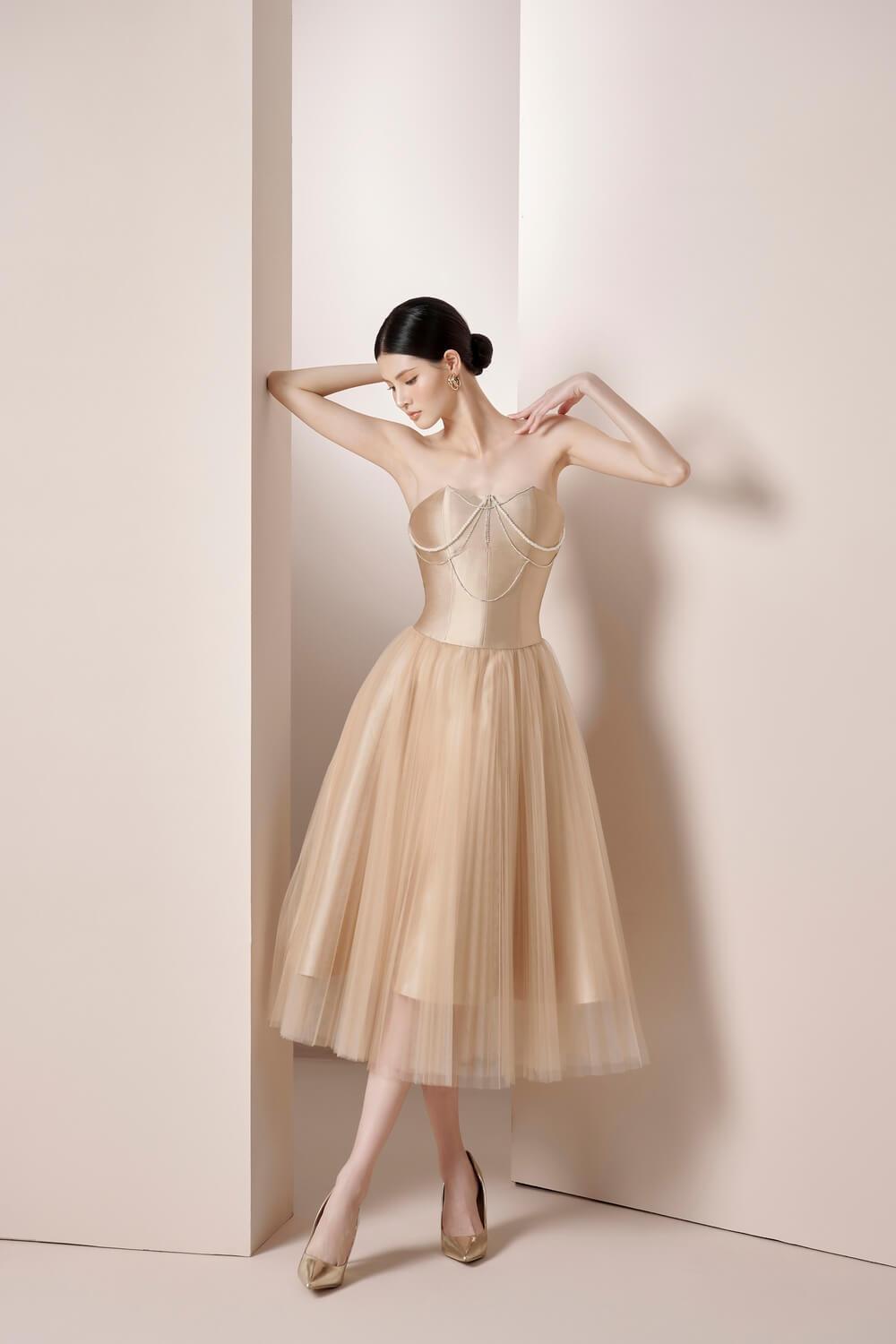 Rachel Strapless Pleated Trerena Taffeta Midi Dress MEAN BLVD