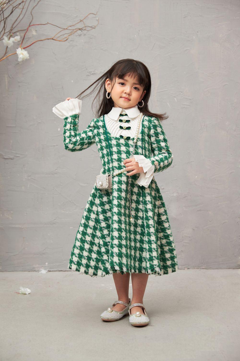 Women's Ratih A-line Collared Neck Tweed Baby Girl Midi Dress 105cm/110cm-120cm/125cm-135cm/140cm-150cm Green MEAN BLVD 105cm / Green