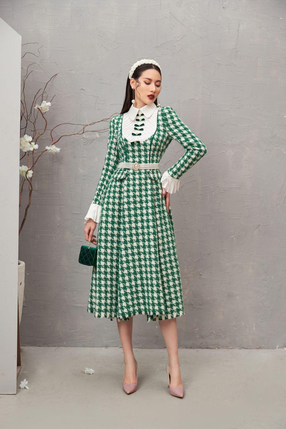 Women's Ratih A-line Collared Neck Tweed Midi Dress XS/S/M/L/XL Green MEAN BLVD