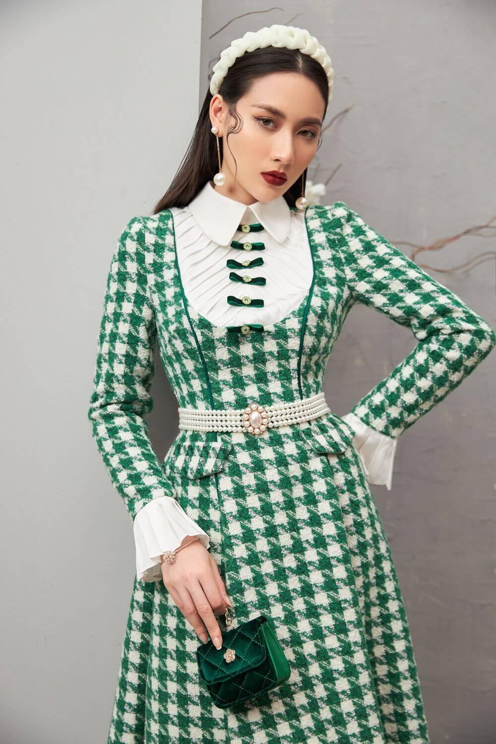 chinese dress ladies Shirley Black Long Sleeve Plaid Tweed Midi Dress main image 1