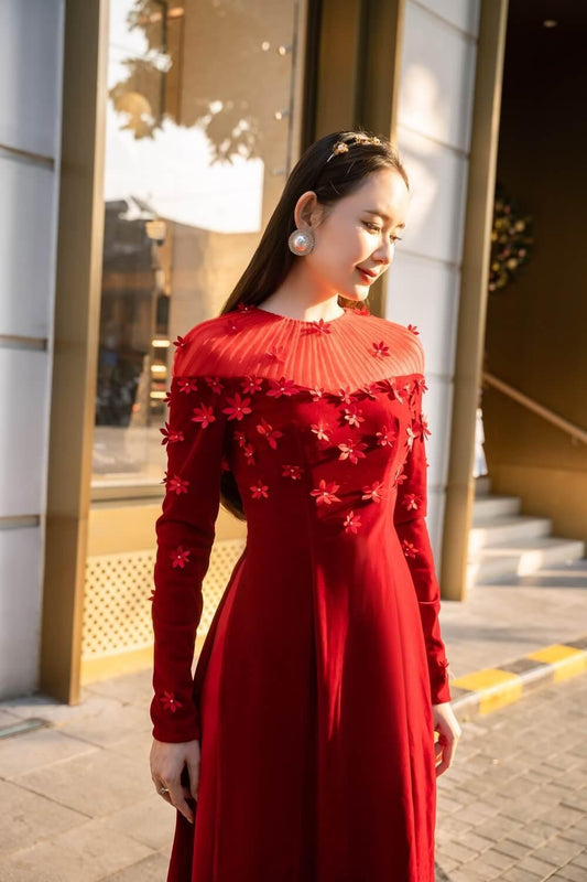 Remi Fitted Flower Applique Velvet Long Length Ao Dai MEAN BLVD