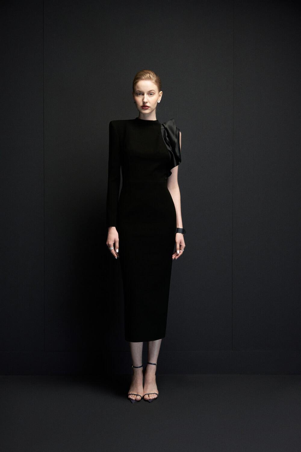 Rhea Sheath Asymmetric Sleeved Crepe Midi Dress | MEAN BLVD