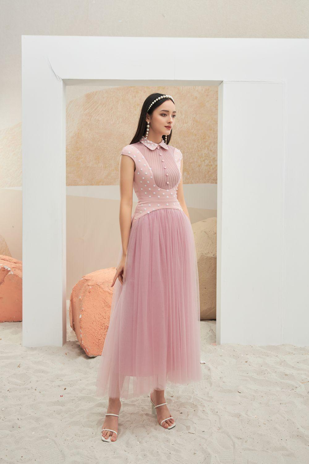 collared bridesmaid dresses Women's Robaire Gathered Collared Neck Dress XS/S/M/L/XL White/Pink MEAN BLVD M / Pink