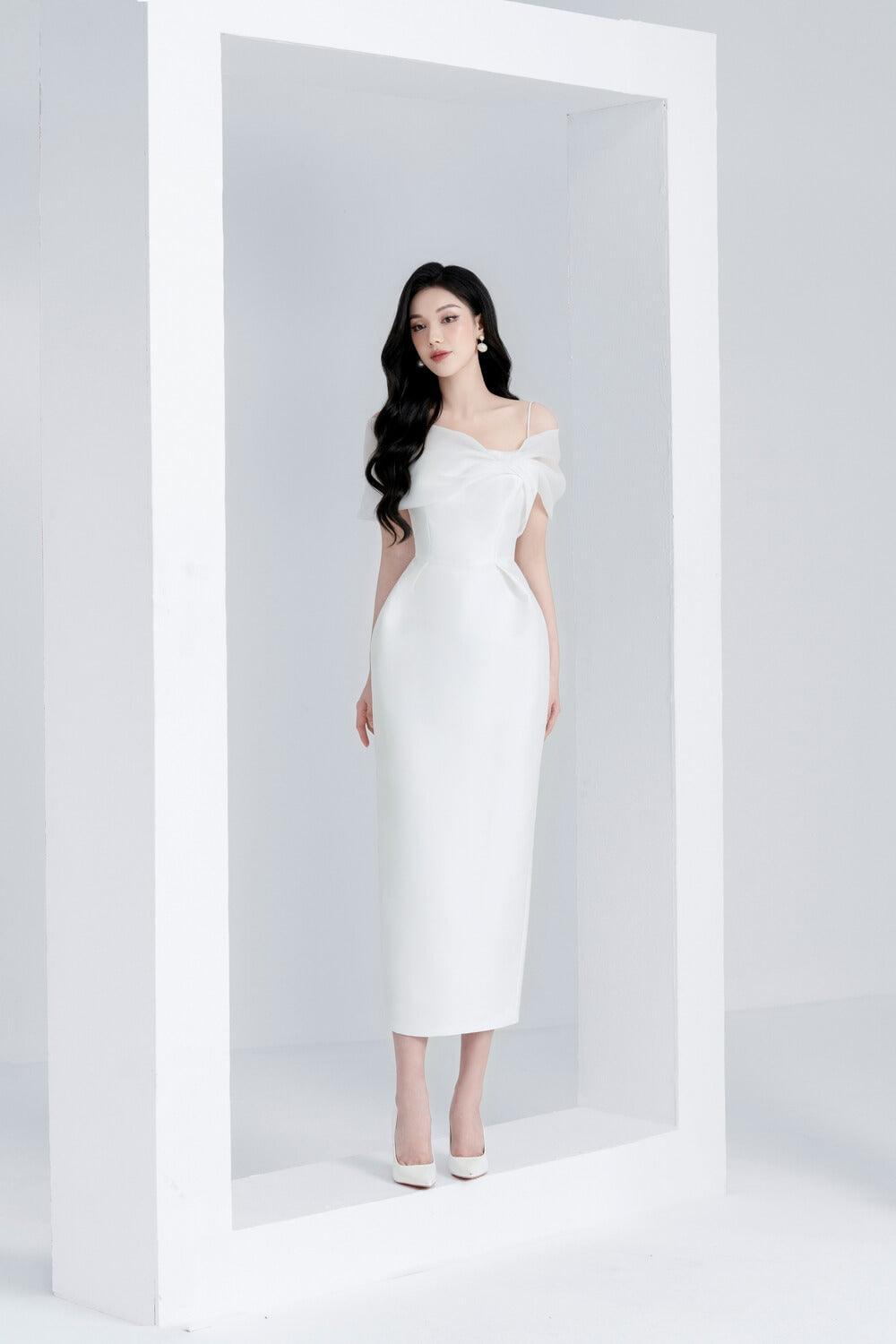 Roselily Pencil Off-Shoulder Twisted Woven Midi Dress MEAN BLVD