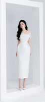 Roselily Pencil Off-Shoulder Twisted Woven Midi Dress MEAN BLVD