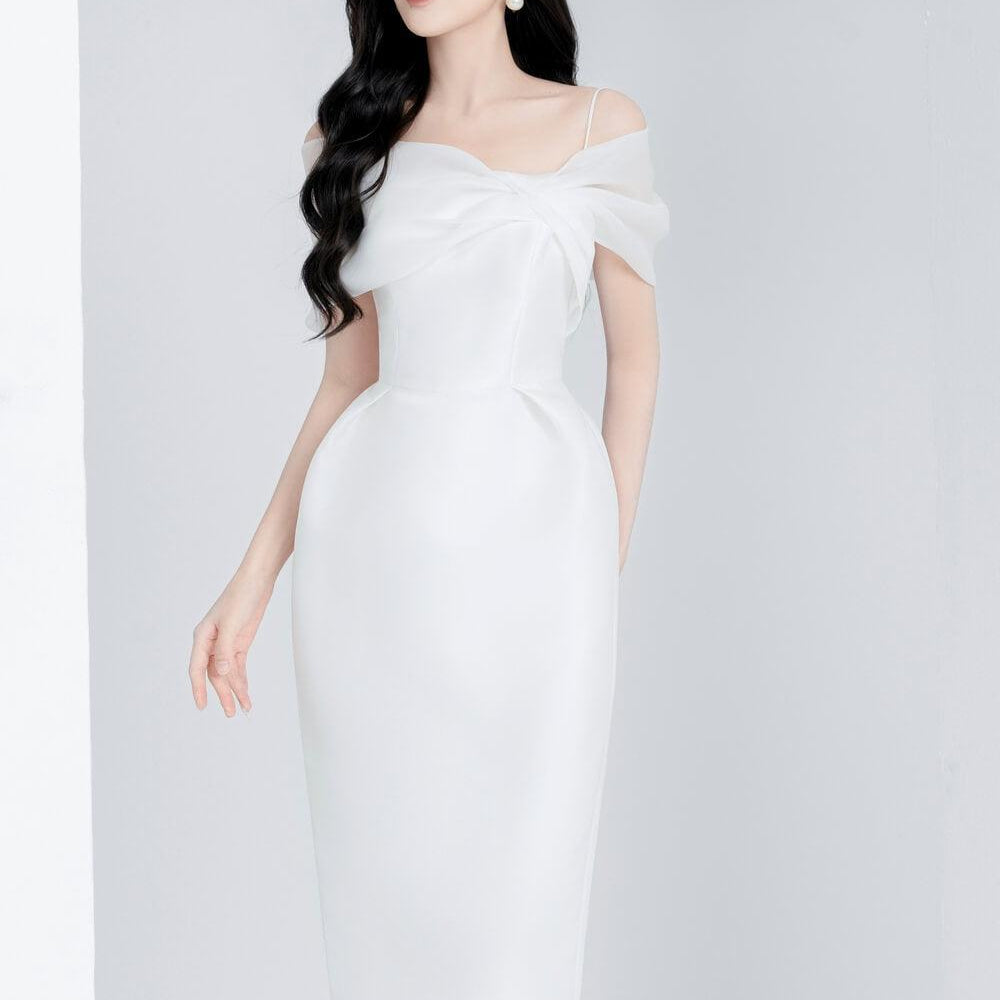 Roselily Pencil Off-Shoulder Twisted Woven Midi Dress MEAN BLVD