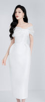 Roselily Pencil Off-Shoulder Twisted Woven Midi Dress MEAN BLVD