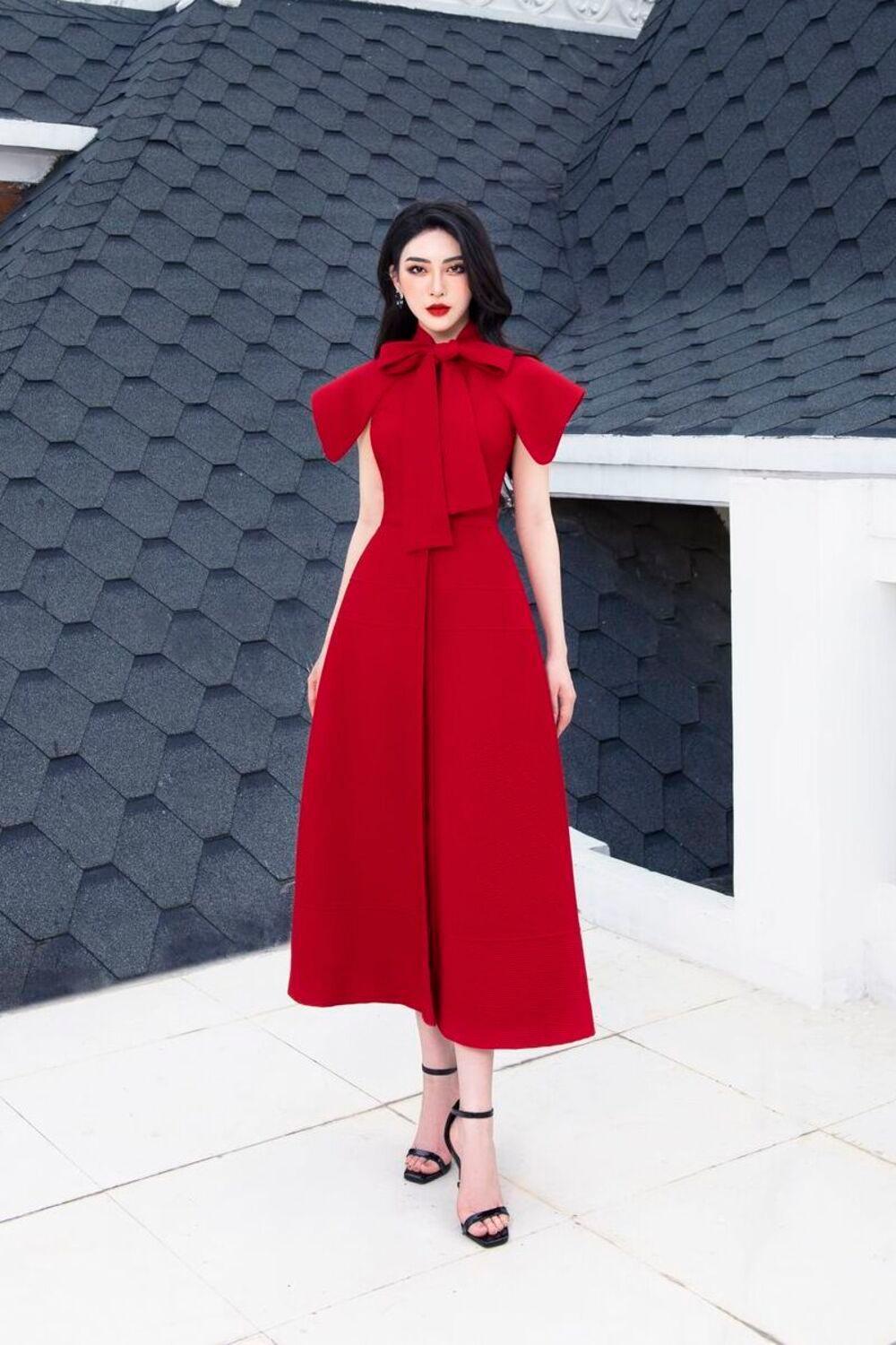 Rosette A-line Bow Tie Ribbed Scuba Midi Dress