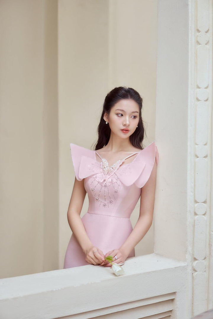 Rosy Fitted Flutter Sleeved Taffeta Long Length Ao Dai MEAN BLVD