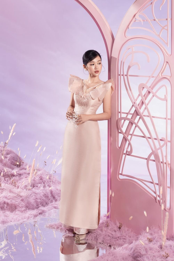 Rosy Fitted Flutter Sleeved Taffeta Long Length Ao Dai MEAN BLVD