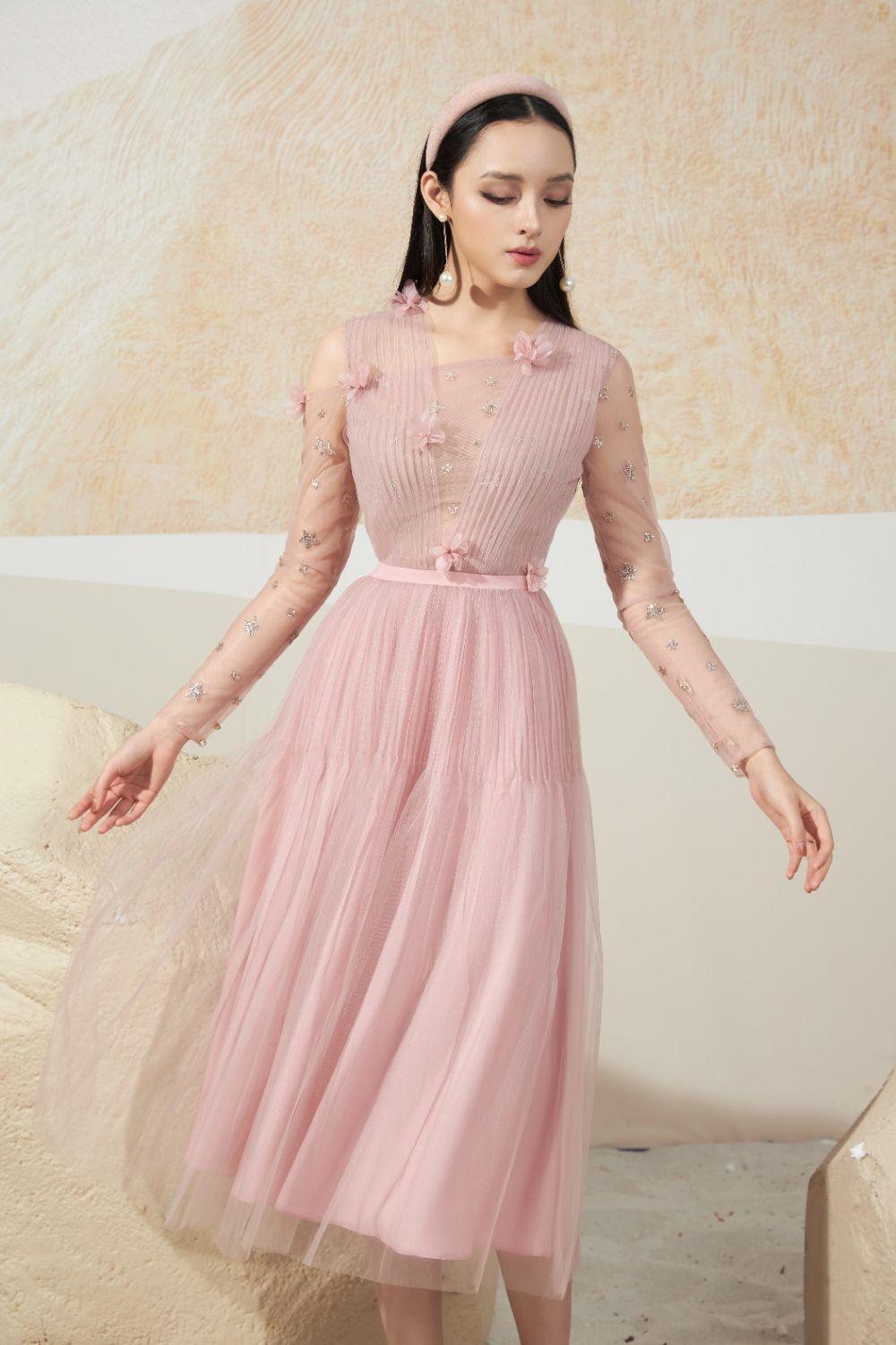 pink mesh see through dress Women's Schwim Long Sleeved Mesh Sheer Midi Dress XS/S/M/L/XL Pink MEAN BLVD S / Pink