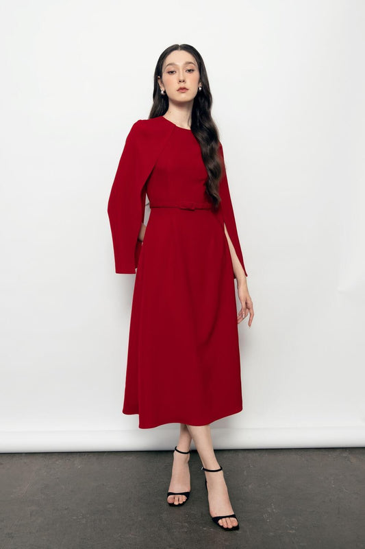 Sofia A-line Cape Sleeved Polyester Midi Dress MEAN BLVD