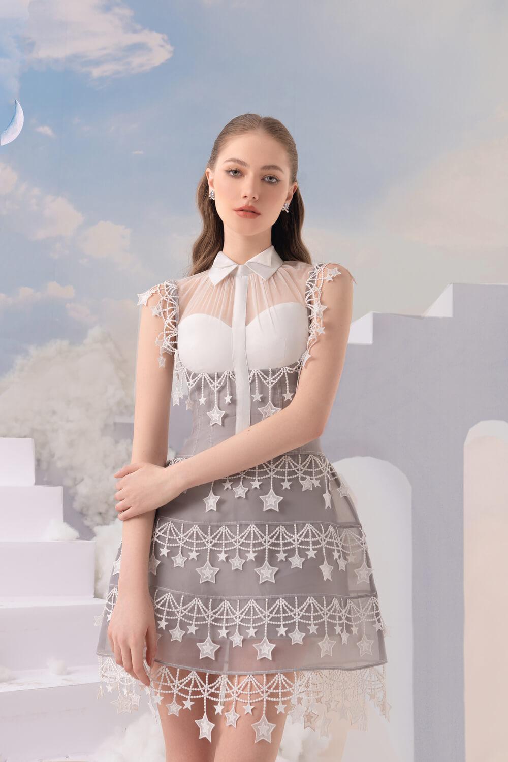 sleeveless organza dress Lace Sleeveless Fitted Dress with Organza Draping Silver / US 14