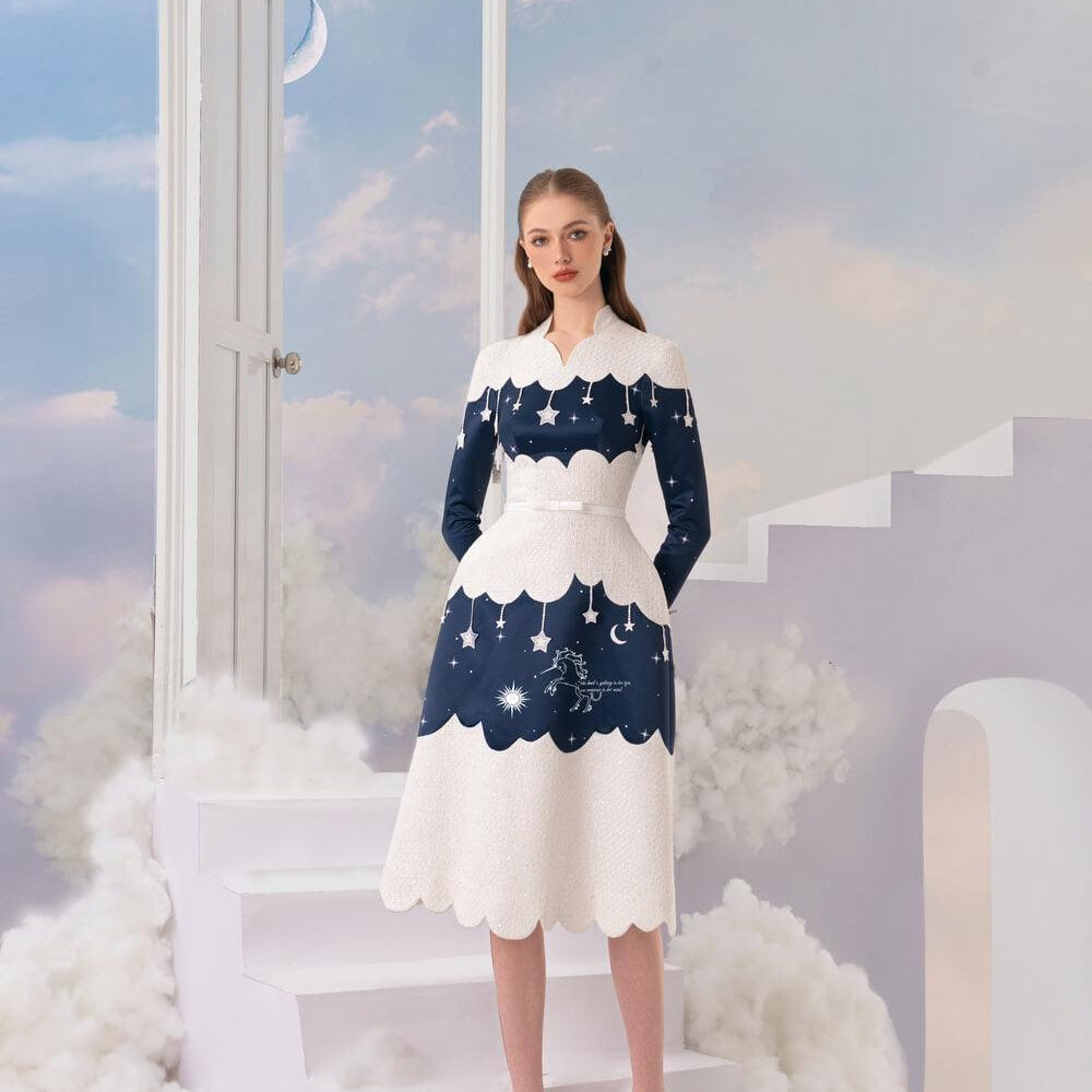 Women's Starry Night A-Line Long Sleeved Silk Midi Dress S/M/L Navy Mean Blvd S / Navy Women's Starry Night A-Line Long Sleeved Silk Midi Dress S/M/L Navy Mean Blvd S / Navy