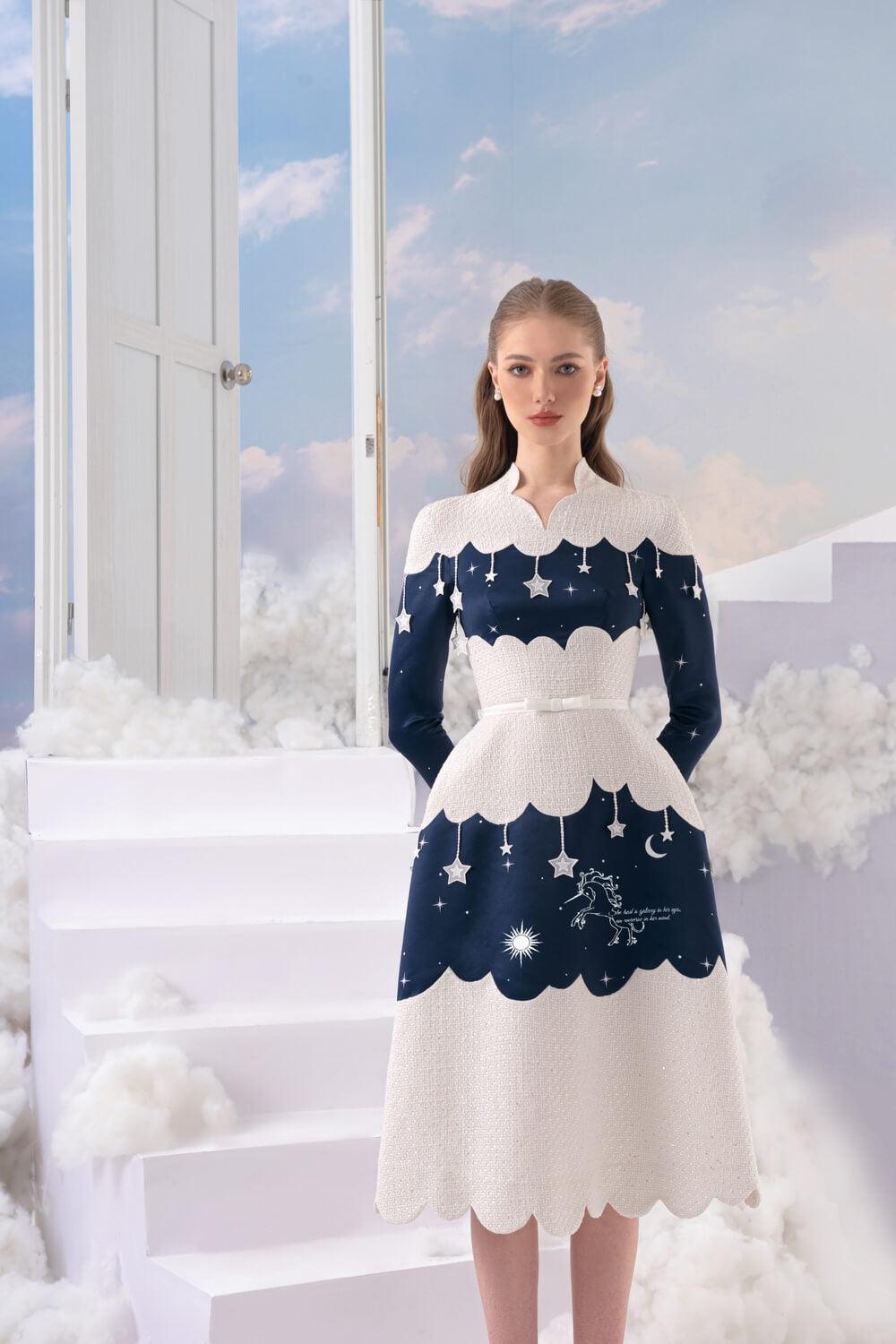 Starry Night A-line Long Sleeved Silk Midi Dress MEAN BLVD
