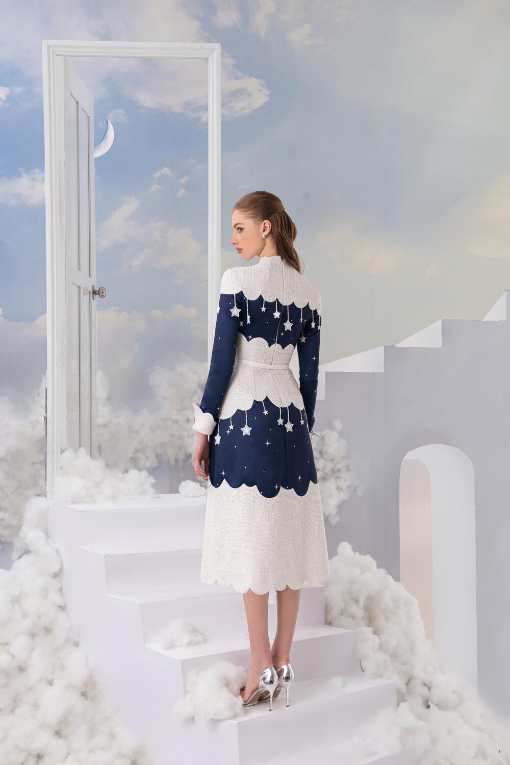 Starry Night A-line Long Sleeved Silk Midi Dress MEAN BLVD