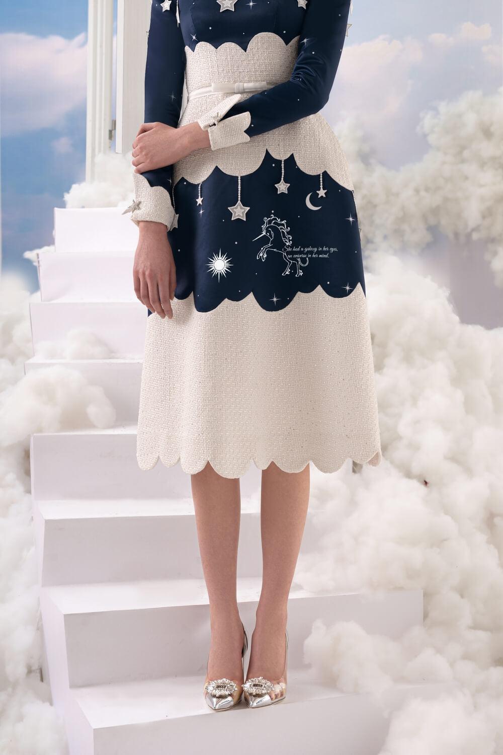 Starry Night A-line Long Sleeved Silk Midi Dress MEAN BLVD