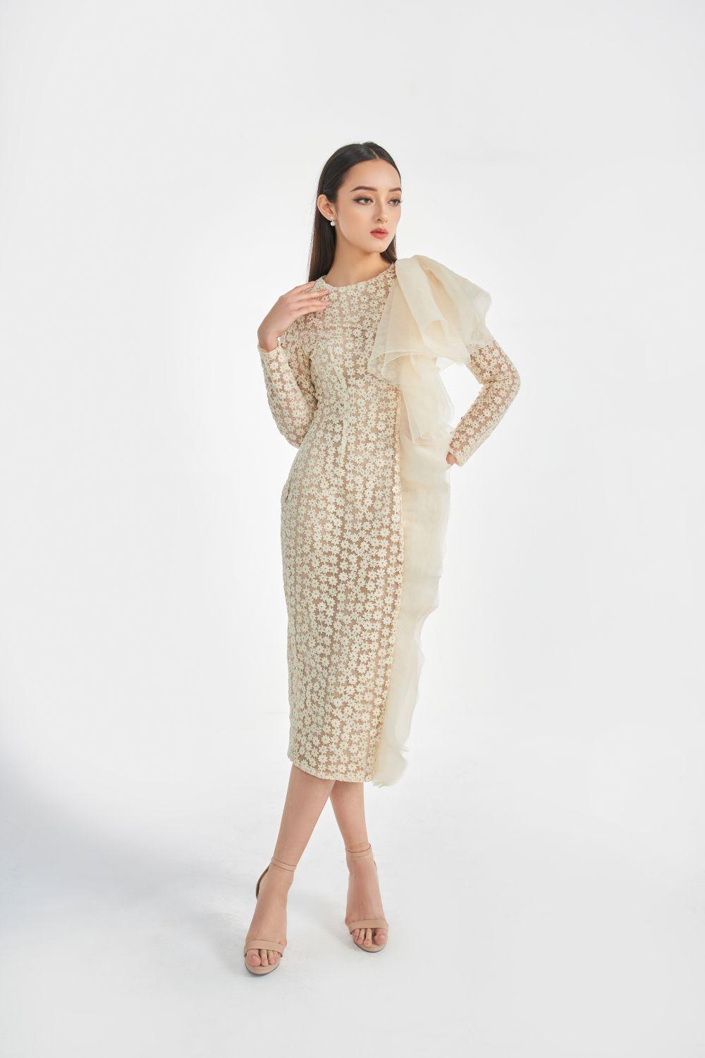 organza sleeve midi dress Women's Sterling Pencil Long Sleeved Silk Organza Midi Dress XS/S/M/L/XL Beige MEAN BLVD L / Beige
