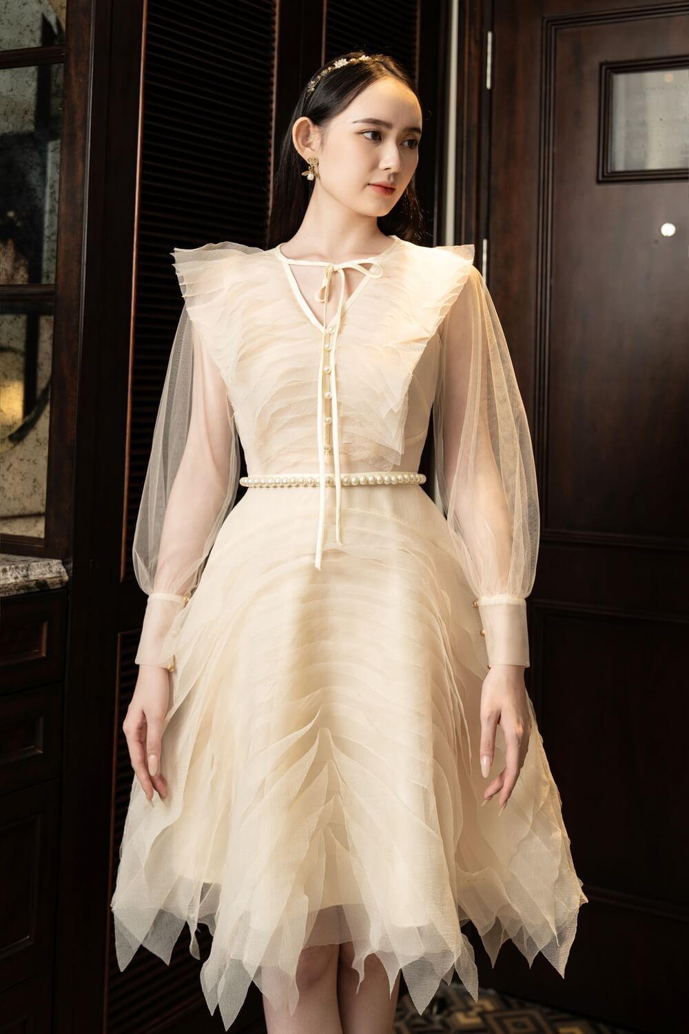 Women's Strauss A-line Cuff Sleeved Mesh Sheer Knee-length Dress XS/S/M/L/XL Beige/Pink/White/Brown MEAN BLVD M / White